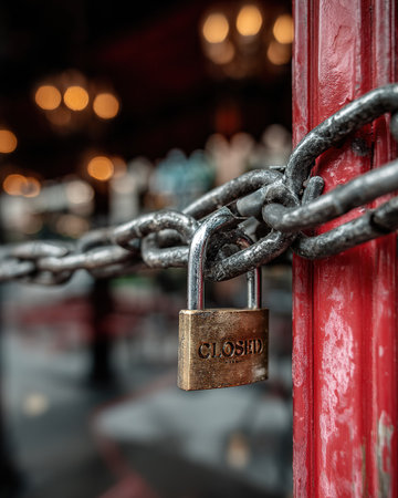 Close up of a gold padlock with 'CLOSED' text on a chain, blocking a red post.の素材