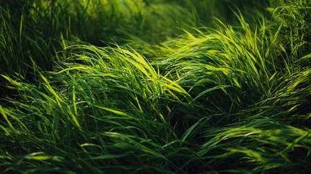 Vibrant green grass shimmering with morning dew, illuminated by sunlight.の素材