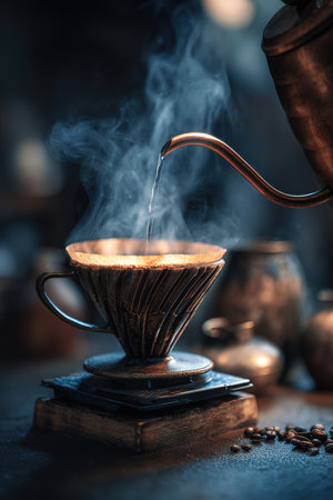Hot water pours into a coffee dripper, steam rising in an atmospheric setting.の素材