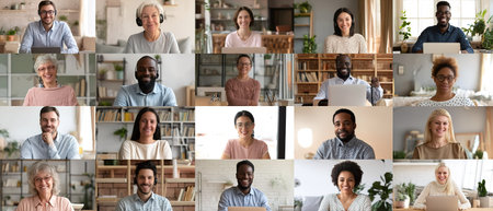 Smiling professionals connecting remotely in an online group video meeting.の素材