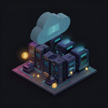Isometric depiction of a crypto data center with cloud and Bitcoin symbols.の素材