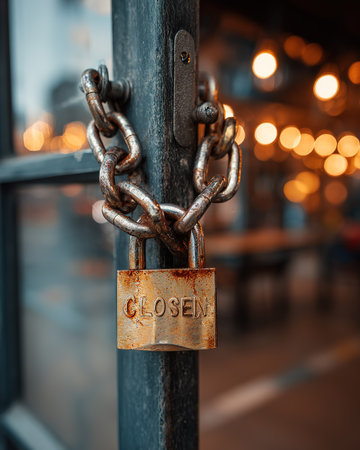 Close up of a weathered "CLOSED" padlock and chain with bokeh lights.の素材