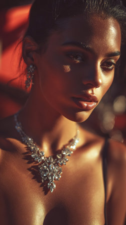 Captivating beauty with sparkling diamond jewelry and shimmering skin.の素材