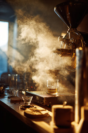 Dramatic coffee brewing with steam, golden light, and professional machinery.の素材