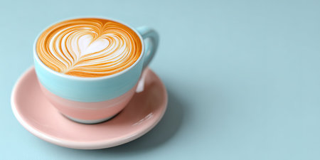 Minimalist coffee shot featuring a heart latte art in a stylish pastel cup.の素材