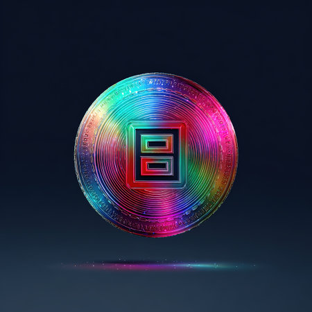 Futuristic digital currency icon with vibrant rainbow colors and abstract symbol.の素材