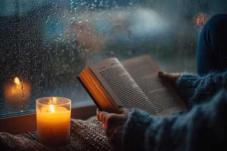 Cozy reading moment by a rainy window, hands holding a book, warm candlelight.の素材