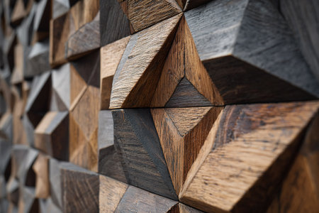 Stylish 3D wooden wall design, creating depth and a unique modern pattern.の素材