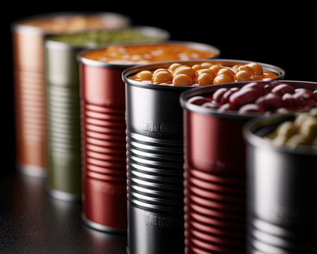 A colorful row of open cans showcasing various healthy beans and pulses.の素材