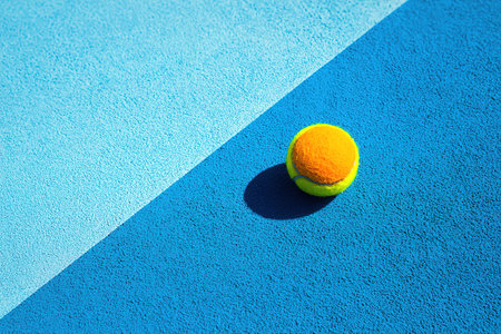 Yellow tennis ball on a two tone blue court, diagonal line. Sports, game, fitness.の素材