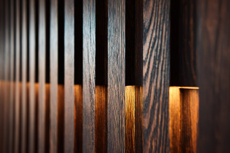 Close up of textured wooden slats with warm light. Architectural interior design.の素材