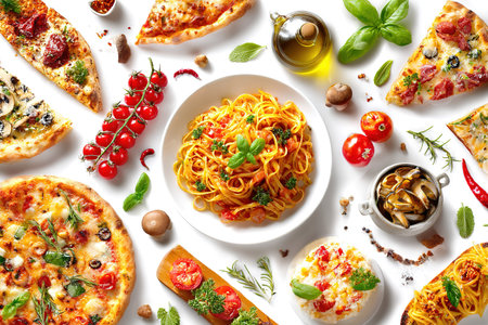 Assortment of Italian dishes pizza, pasta, fresh tomatoes, herbs, olive oil.の素材