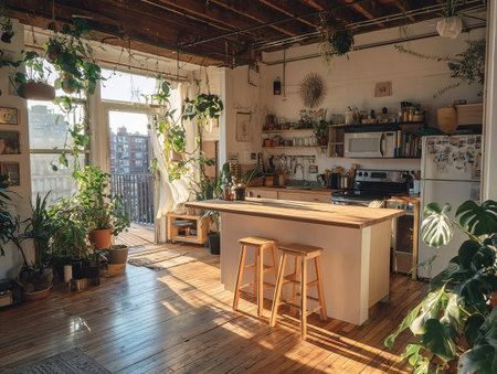 Bright loft interior featuring a kitchen, island, and thriving houseplants.の素材