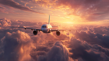 Commercial jet flying above vibrant clouds at sunset, symbolizing travel, freedom.の素材
