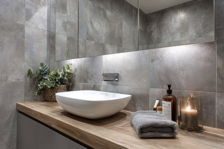 Elegant modern bathroom vanity with vessel sink, wooden counter, gray tiles.の素材