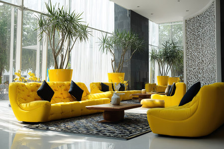 Stylish, spacious interior with yellow sofas, lush plants, and natural light.の素材