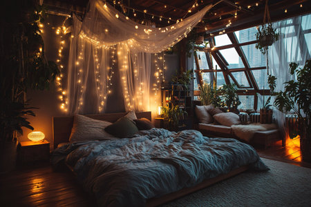 Warm cozy bedroom interior with fairy lights, wooden elements, plants, and soft atmospheric night lighting.の素材