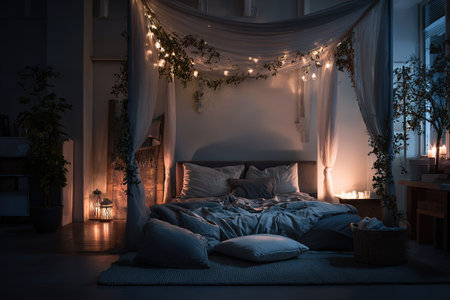 Romantic bedroom with soft lighting, canopy bed, fairy lights, and plants.の素材