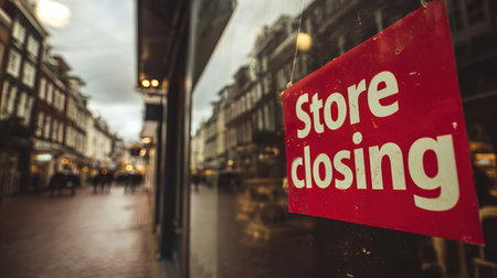 A worn red âStore Closingâ sign hanging on a glass storefront with blurred urban street in the background. Symbol of retail crisis and economic change.の素材