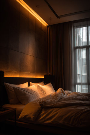 Luxurious bedroom interior with warm ambient lighting and soft white bedding.の素材