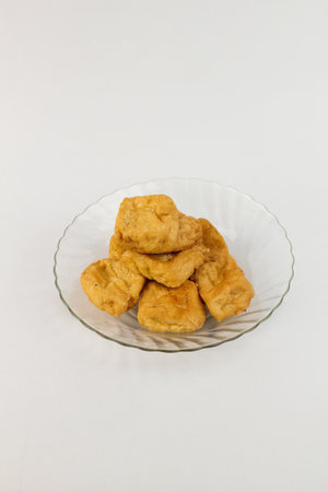 Deep fried tofu in a glass plate on white background,isolatedの写真素材
