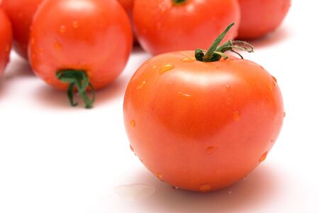 Tomatoes on a white background with drops of waterの写真素材