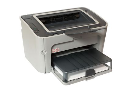 gray office laser printer isolated on white の写真素材