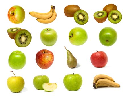 set of apples, banana, kiwi and pears isolated on whiteの写真素材