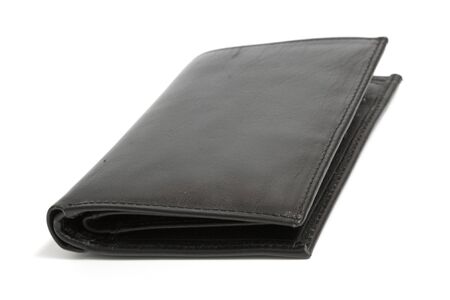 Black leather wallet isolated on whiteの写真素材