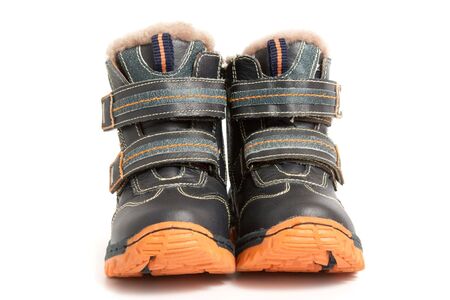 Children's boots back, leather, winter on a white backgroundの写真素材