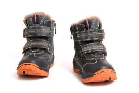 Children's boots back, leather, winter on a white backgroundの写真素材