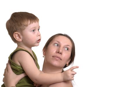 Mother and the son look at something isolated on whiteの写真素材