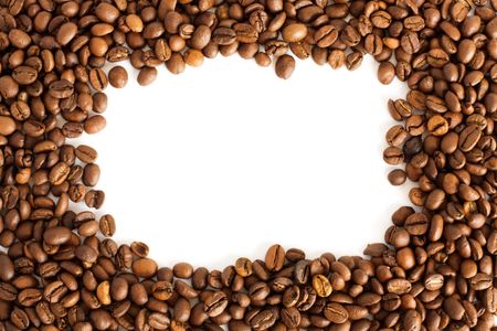 frame of coffee beans isolated on white backgroundの写真素材
