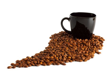black cup and coffee beans isolated on white backgroundの写真素材