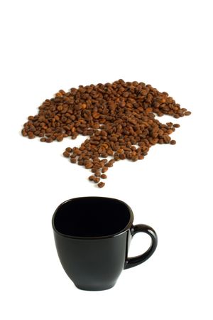black cup and coffee beans isolated on white backgroundの写真素材
