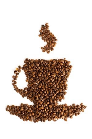 shape cup of coffee beans isolated on white backgroundの写真素材