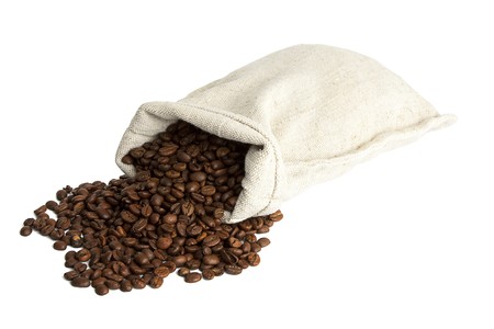 coffee beans and burlap sack isolated on whiteの写真素材