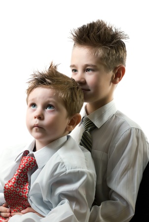 portrait of two brothers isolated on white backgroundの写真素材