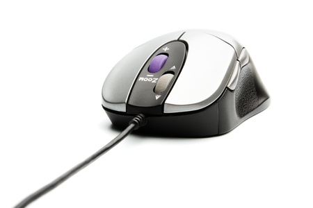 computer mouse with two whell gray and black colors on white backgroundの写真素材