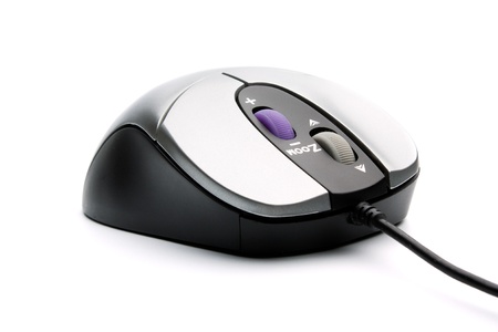 computer mouse with two whell gray and black colors on white backgroundの写真素材