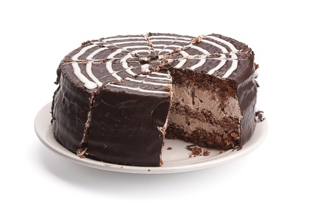 chocolate cake with frosting on white backgroundの写真素材