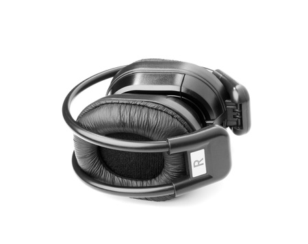 Black headphone for listening music isolated on white backgroundの写真素材