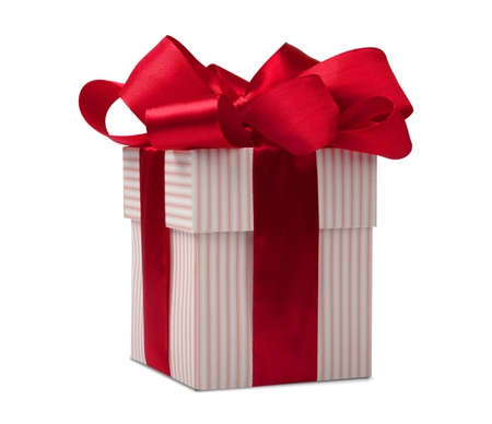 giftbox with red ribbon isolated on white backgroundの写真素材