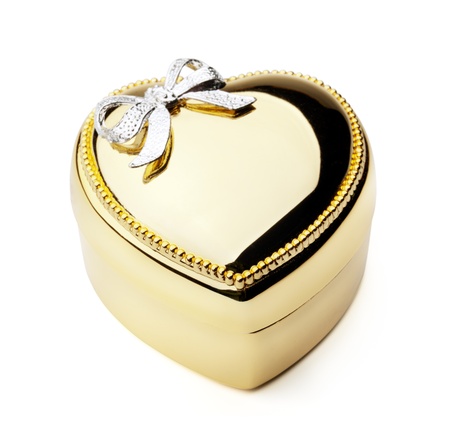 Gold Heart Box with Silver Ribbon isolated on White Backgroundの写真素材