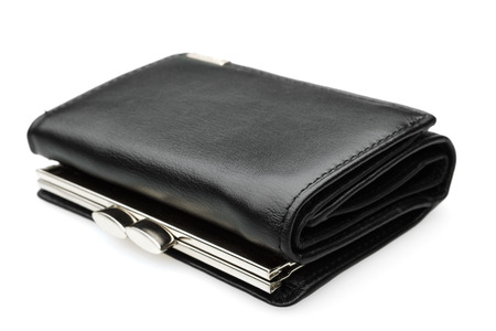 black leather purse on a white background with shadow isolatedの写真素材