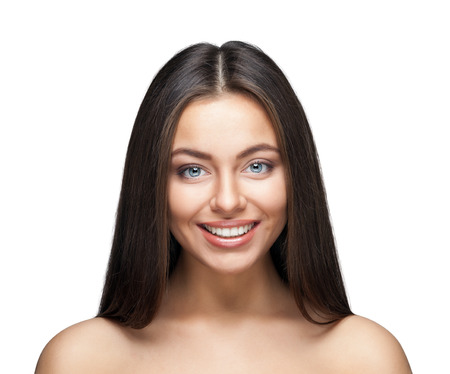attractive smiling woman portrait on white background isolatedの写真素材