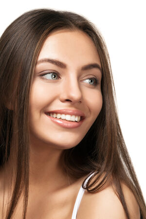 attractive smiling woman portrait on white background isolatedの写真素材