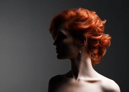 the silhouette portrait of beautiful woman on a gray background with fiery red hair, fashionable updo.の写真素材