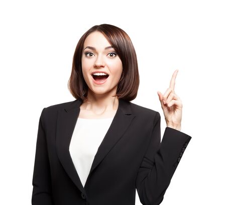 Business woman showing finger up and looking happy isolated on white backgroundの写真素材