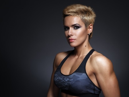 closeup portrait of sporty beautiful womanの写真素材